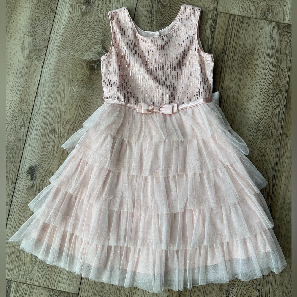 Girls blush dress with rose gold sequins